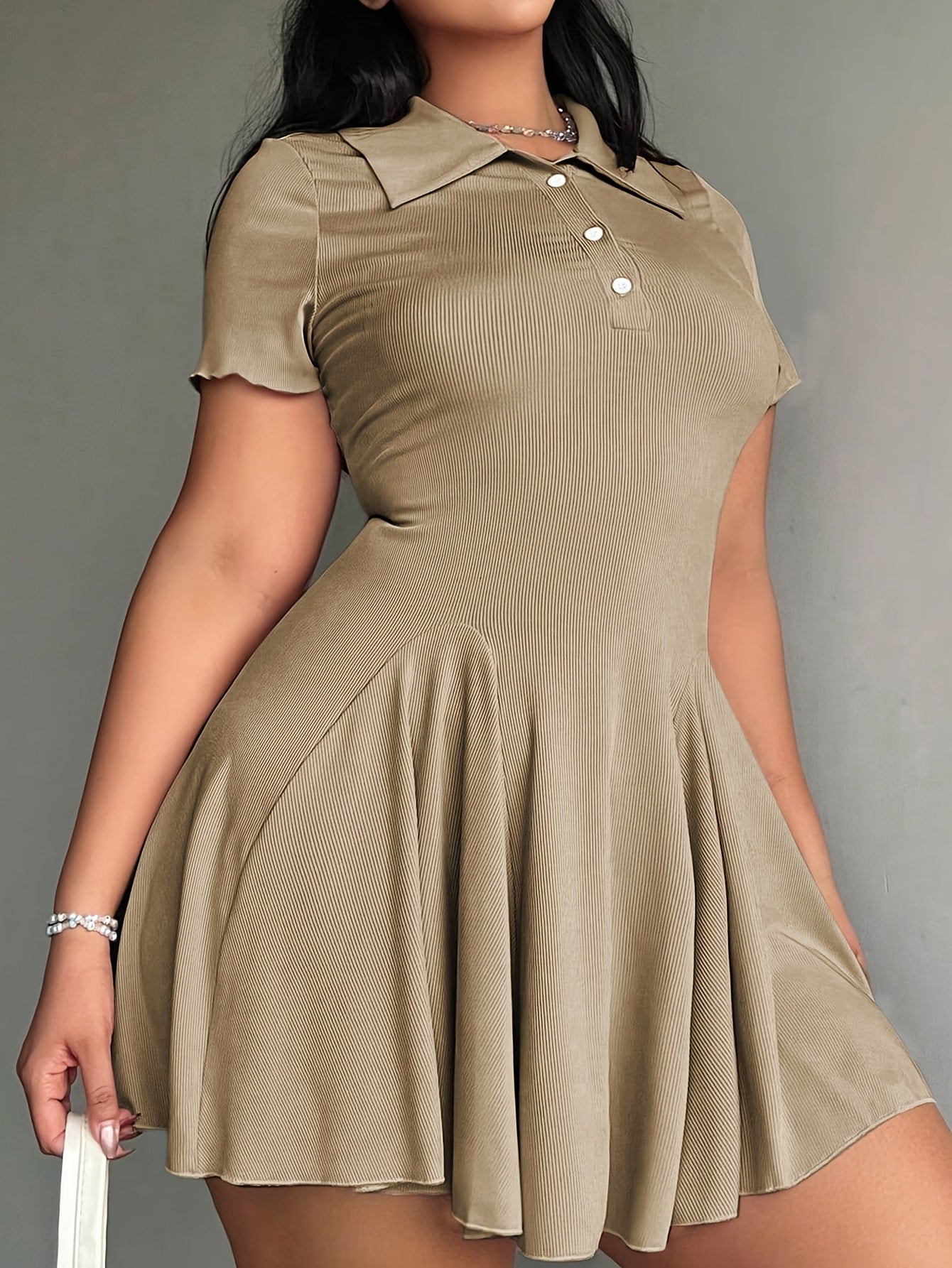 Women'S Casual Tennis Polo Dress - Short Sleeve, Button-Up Collar, Ribbed Texture, Knee-Length with Paddles, Beige, Casual Wear|Short Sleeve Dress|Buttonup Collar Dress